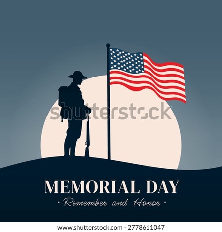 Memorial day poster with american flag and soldier silhouette on sunset vector illustration.