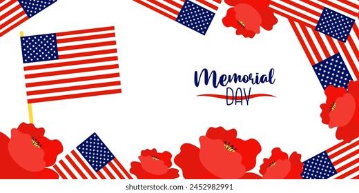 Memorial Day poster. American flags with poppies flowers on white background. Vector illustration horizontal banner for design national traditional holidays USA
