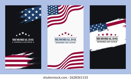 Projeto do cartaz do Dia em Memória às Vítimas de Guerra com um tema patriótico para homenagear e lembrar os heróis mortos. Inclui tipografia em negrito, elementos de bandeira americana e uma paleta de cores respeitosa de vermelho, branco e azul.