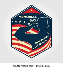 Memorial day poster design template. US Army soldiers saluting on American flag background. Vector illustration.