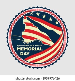 Memorial day poster design template. US Army soldiers saluting on American flag background. Vector illustration.