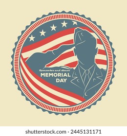 Memorial day poster design template. US Army soldiers saluting on American flag background. Vector illustration.