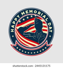 Memorial day poster design template. US Army soldiers saluting on American flag background. Vector illustration.