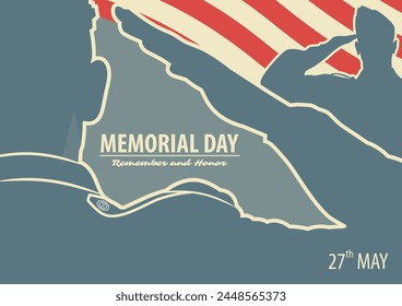 Memorial day poster design template. US Army soldiers saluting on American flag background. Vector illustration