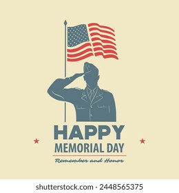 Memorial day poster design template. US Army soldiers saluting on American flag background. Vector illustration