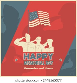 Memorial day poster design template. US Army soldiers saluting on American flag background. Vector illustration