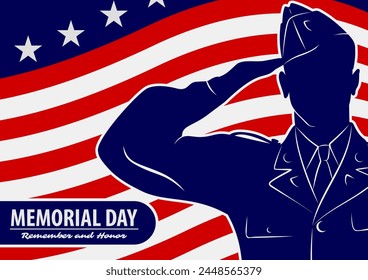 Memorial day poster design template. US Army soldiers saluting on American flag background. Vector illustration