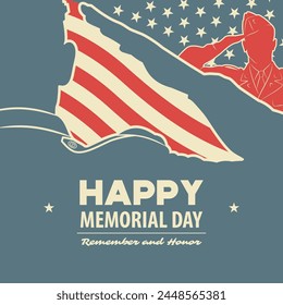 Memorial day poster design template. US Army soldiers saluting on American flag background. Vector illustration