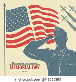 Memorial day poster design template. US Army soldiers saluting on American flag background. Vector illustration