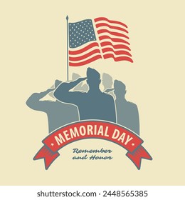 Memorial day poster design template. US Army soldiers saluting on American flag background. Vector illustration