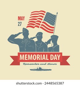 Memorial day poster design template. US Army soldiers saluting on American flag background. Vector illustration