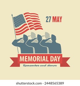 Memorial day poster design template. US Army soldiers saluting on American flag background. Vector illustration