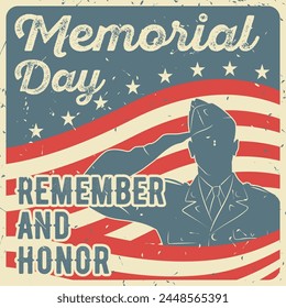 Memorial day poster design template. US Army soldiers saluting on American flag background. Vector illustration