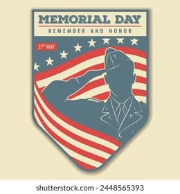 Memorial day poster design template. US Army soldiers saluting on American flag background. Vector illustration