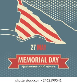 Memorial day poster design template. US Army soldiers saluting on American flag background. Vector illustration