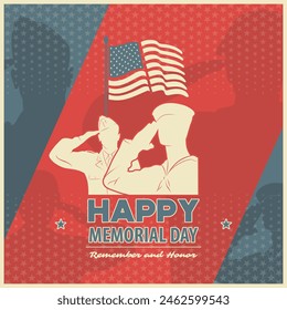 Memorial day poster design template. US Army soldiers saluting on American flag background. Vector illustration