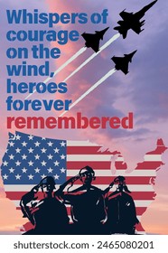 Memorial Day - poster design template silhouette of a soldier America map aircraft on background   