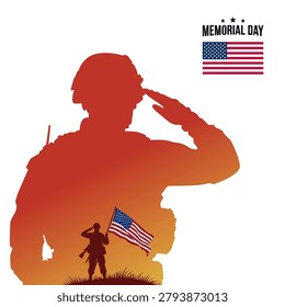 Memorial Day poster with double exposure saluting soldier silhouette and USA flag at sunset. Vector illustration background isolated on white for American patriotic holiday honoring veterans.