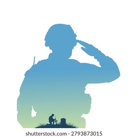 Memorial Day poster with double exposure saluting soldier silhouette and USA flag at sunset. Vector illustration background isolated on white for American patriotic holiday honoring veterans.