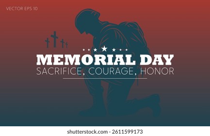 Memorial Day Poster with Kneeling Soldier and Patriotic Red Blue Background
