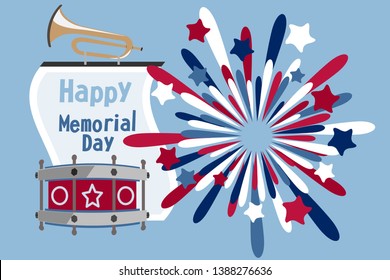 Memorial Day poster. Patriotic holiday banner with flags, fireworks in American traditional colors. USA national event card print