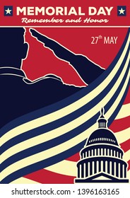 Memorial day poster template. US Army soldiers saluting on american flag background. Vector illustration.