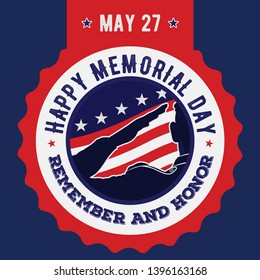 Memorial day poster template. US Army soldiers saluting on american flag background. Vector illustration.