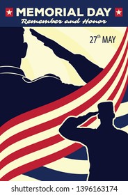 Memorial day poster template. US Army soldiers saluting on american flag background. Vector illustration.