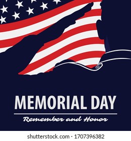 Memorial day poster template. US Army soldiers saluting on american flag background. Vector illustration.