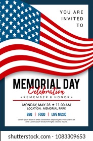 Memorial Day Poster Templates Vector Illustration, USA Flag Waving With Text. Flyer Design