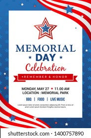 Memorial Day Poster Templates Vector Illustration, USA Flag With Blue Star Frame. Flyer Design