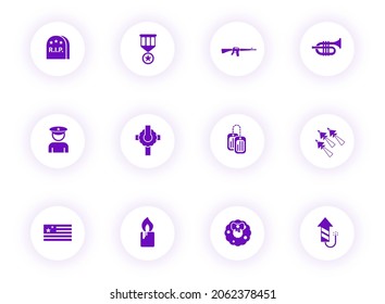 iconos vectoriales de color púrpura del día conmemorativo en botones redondos claros con sombra púrpura. juego de iconos del día conmemorativo para web, aplicaciones móviles, diseño de ui e impresión