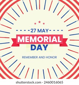 Memorial Day red and blue design background with typographic text, American holiday event social media post	