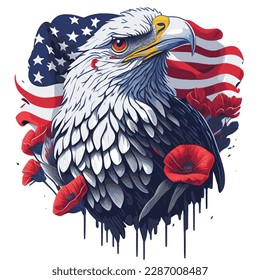 Memorial Day Red Poppies, United States Flag, and Eagle Vector Illustration