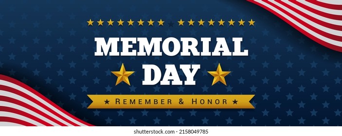 Memorial Day - Remember and honor banner vector design. flag border on navy blue star pattern background