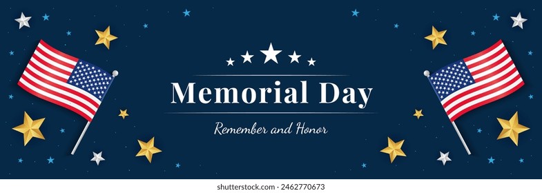 Memorial Day, Remember and honor banner vector illustration. American flag with starry on navy blue background	