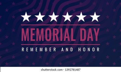 Memorial Day - Remember and Honor greeting card with inscription on blue patriotic background with stars and stripes