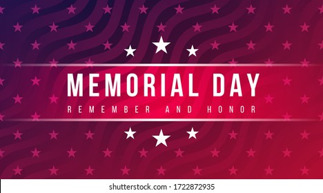 Memorial Day - Remember and Honor greeting card with inscription on blue red patriotic background with stars and stripes