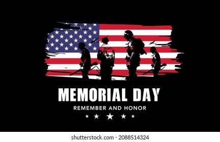 Memorial Day - Remember and Honor greeting card with inscription on blue red patriotic background with stars and stripes