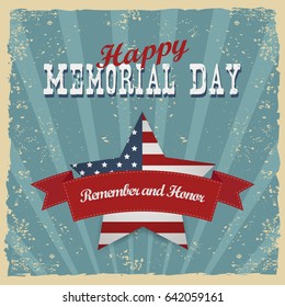 Memorial Day, remember and honor. Greeting card. Hand-lettering party invitation. Vintage typography illustration with star and stripes. Retro patterns for Posters, Flayers and Banner Designs