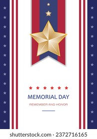 Memorial day, remember and honor, horizontal banner, military badge with star, USA flag color combination, celebrate the people served for America