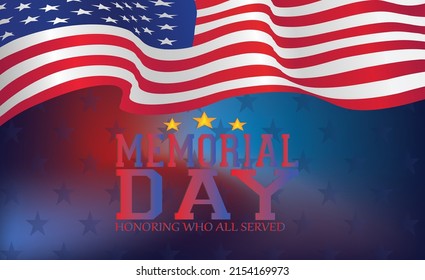  Memorial Day - Remember and Honor Poster. Usa memorial day celebration. American national holiday. Invitation template with white text and us flag on blue background. Vector