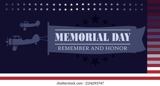 Memorial Day. Remember and Honor Poster with text and air plane background. Usa memorial day celebration. American national holiday. Vector ilustration