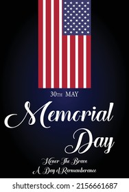 Memorial Day - Remember and Honor Poster. Usa memorial day celebration. American national holiday. Invitation template with blue text and us flag on white background. Vector	