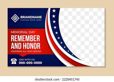 Memorial Day, Remember and Honor Poster. Usa memorial day celebration. American national holiday. Invitation template with white text and waving us flag on white background. space for photo collage.