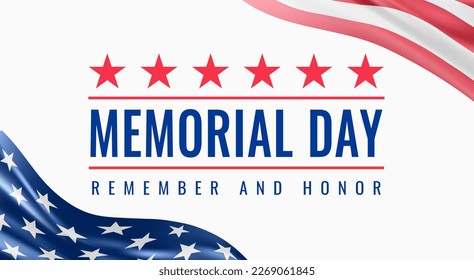 Memorial Day - Remember and Honor Poster. Usa memorial day celebration. American national holiday. Invitation template with red stars, blue text, waving us flags on white background. Vector poster