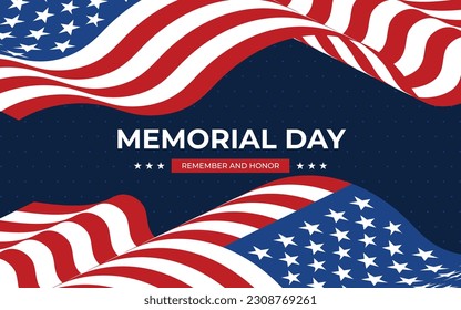 Memorial Day - Remember and Honor Poster. USA memorial day celebration. American national holiday. Invitation template with waving us flag on blue background.