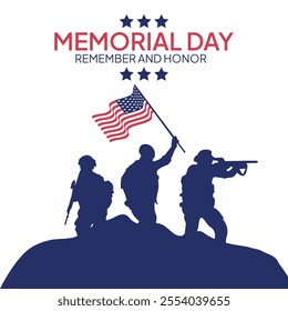 Memorial Day - Remember and Honor Poster. Usa memorial day celebration. American national holiday. Invitation template Silhouettes of army soldiers with USA flag on white background. 