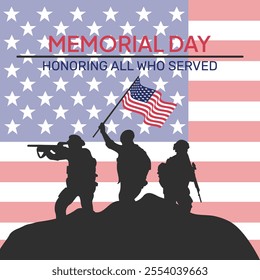 Memorial Day - Remember and Honor Poster. Usa memorial day celebration. American national holiday. Invitation template Silhouettes of army soldiers with USA flag on white background. 