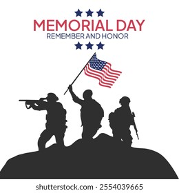 Memorial Day - Remember and Honor Poster. Usa memorial day celebration. American national holiday. Invitation template Silhouettes of army soldiers with USA flag on white background. 